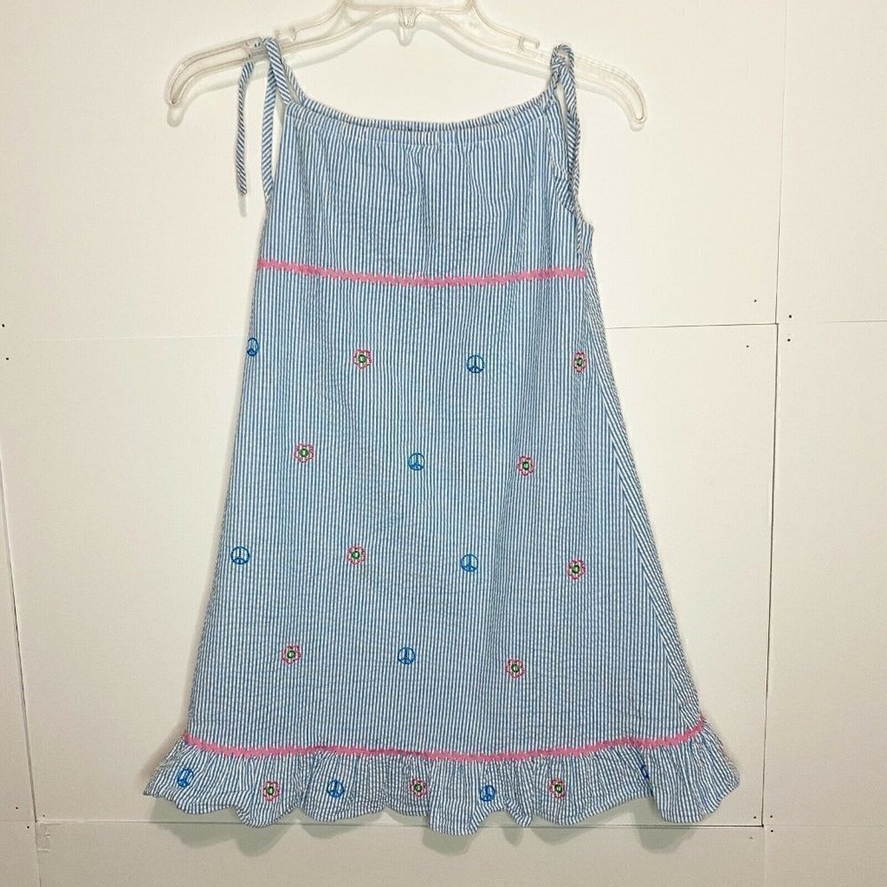 Vive La Fete Sz 7 Light Blue Long Seersucker Dress Peach Signs Ribbon Straps
